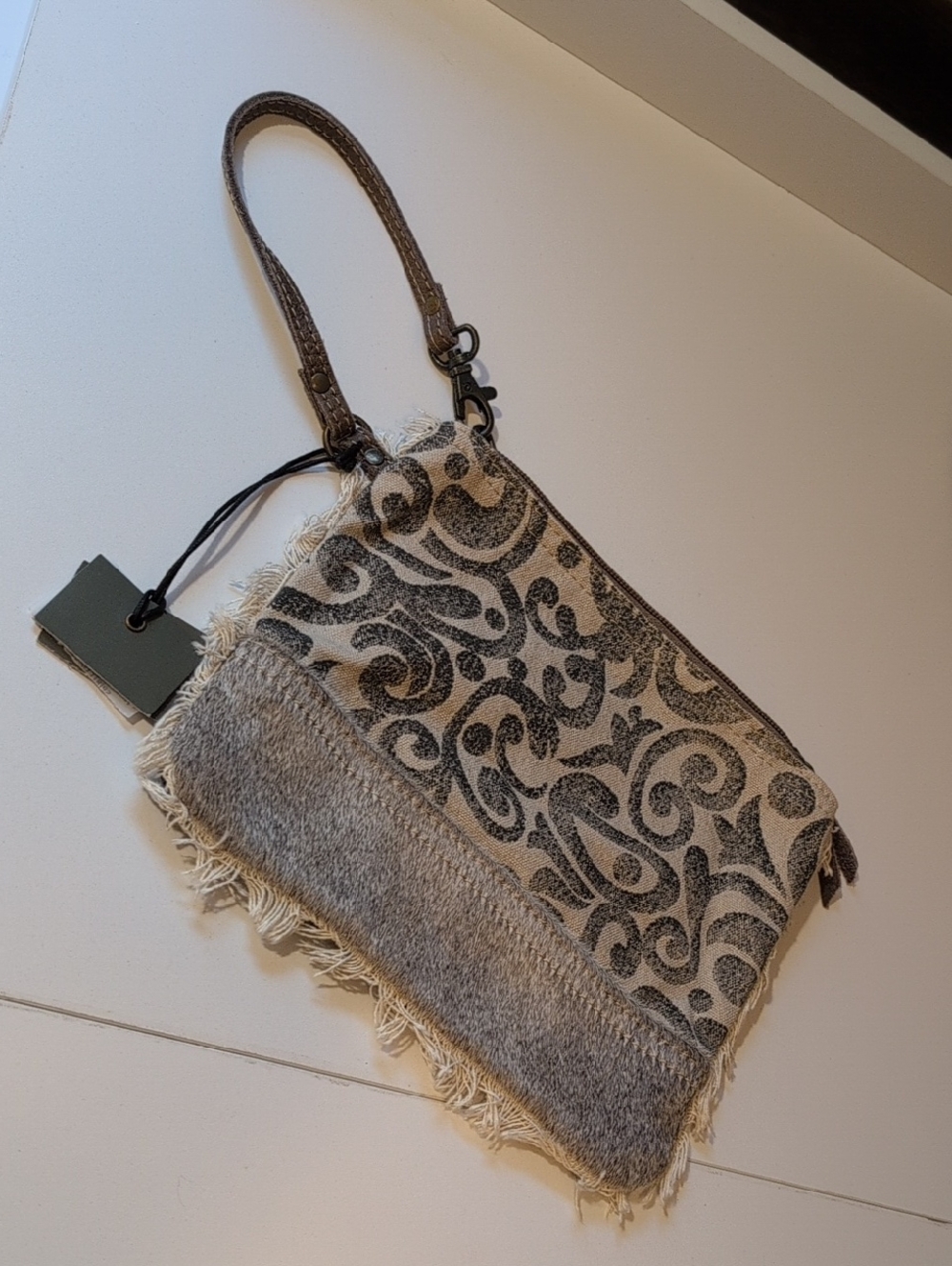 Myra Bag Neutral Patterned Wristlet with Fringe Accents